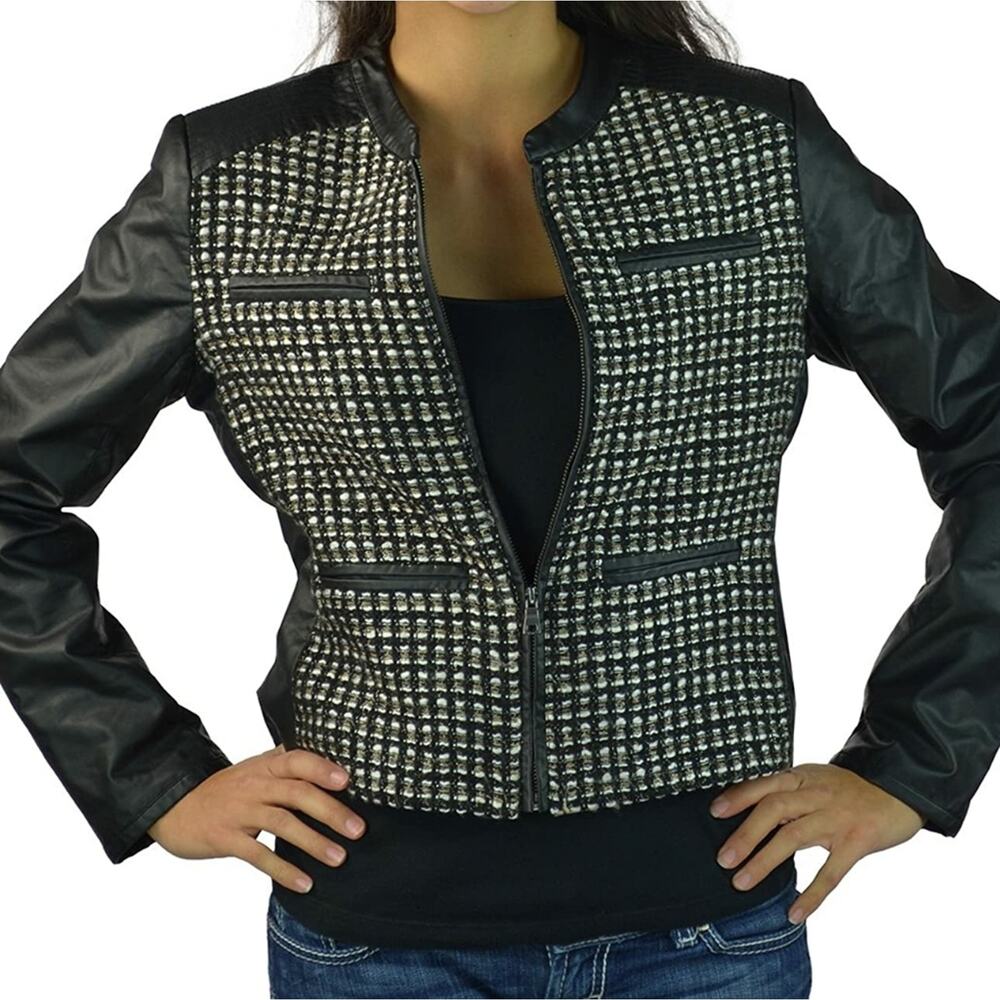 EUC! Ellen Tracy Black and White Mixed Media Bomber Jacket Z1J7331ZR Size  XS